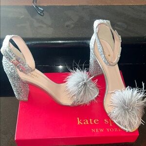 Kate Spade Silver Glitter Heels with Pom Pom